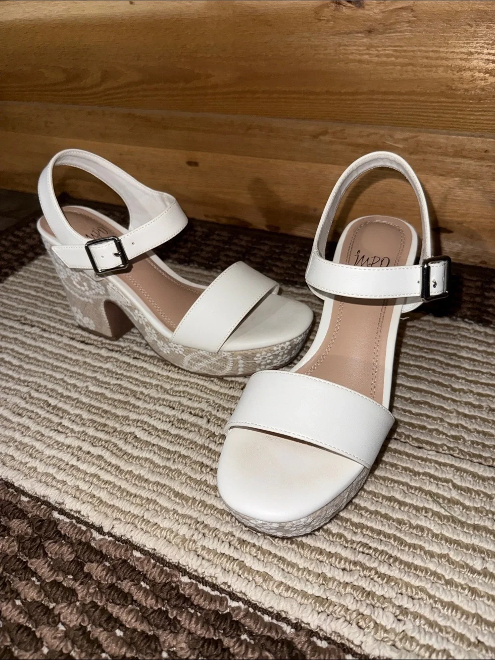 Impo White Platform Sandals with Patterned Beige Block Heel